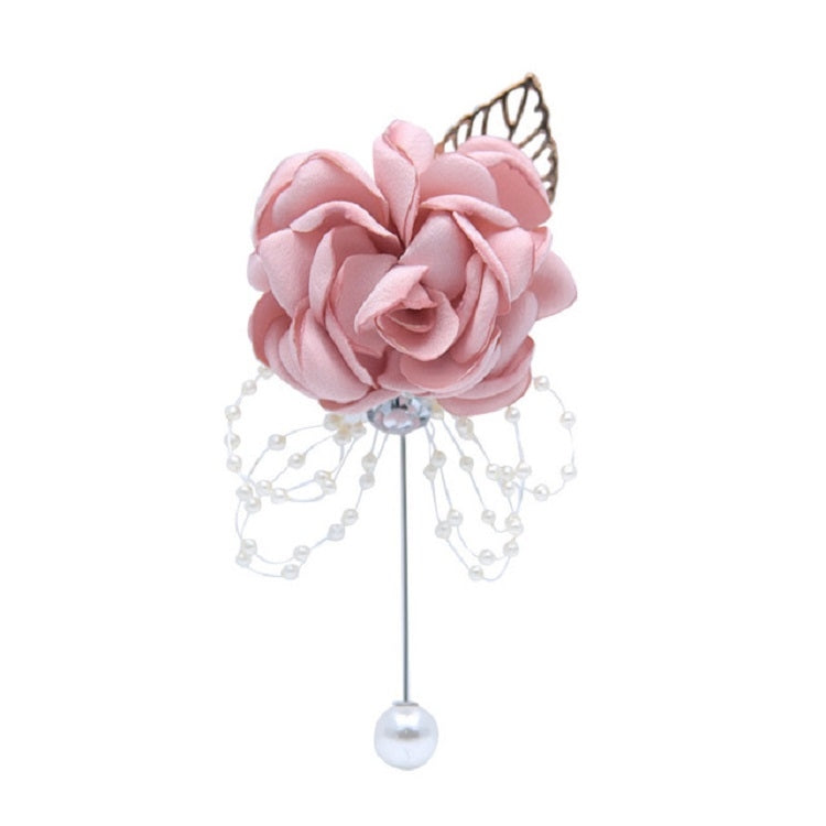Pink fabric flower pearl brooch with dangling pearl bead fringe and round pearl drop