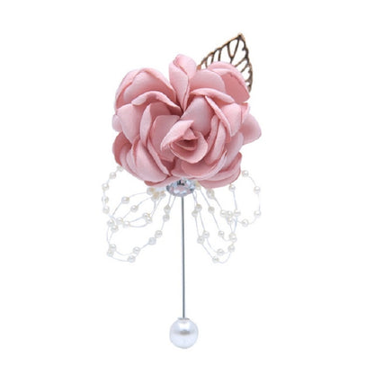 Pink fabric flower pearl brooch with dangling pearl bead fringe and round pearl drop