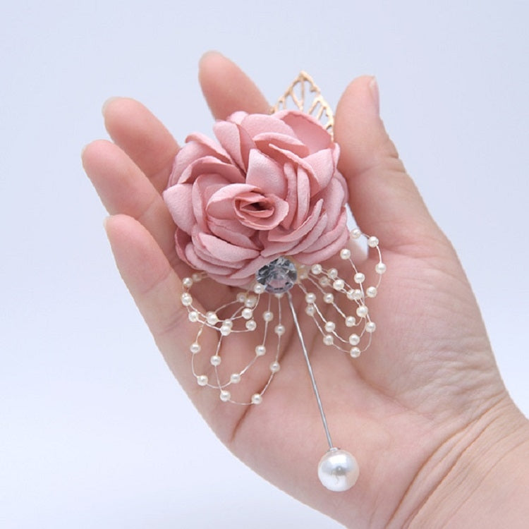 Pink fabric rose pearl brooch with crystal center and dangling pearl bead fringe