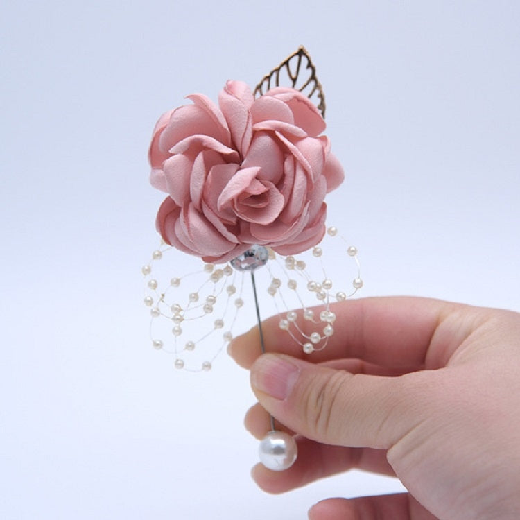 Pink fabric rose pearl brooch with dangling pearl bead fringe and round pearl drop
