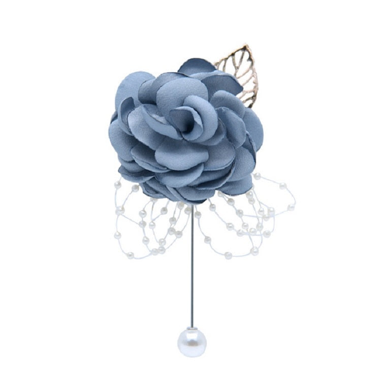 Blue fabric flower pearl brooch with dangling pearl bead fringe and round pearl drop