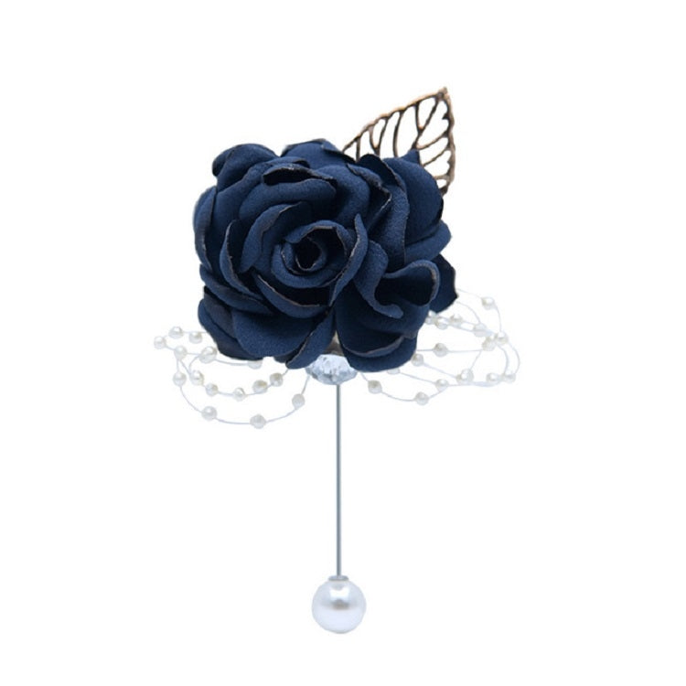 Navy fabric flower pearl brooch with dangling pearl bead fringe and round pearl drop