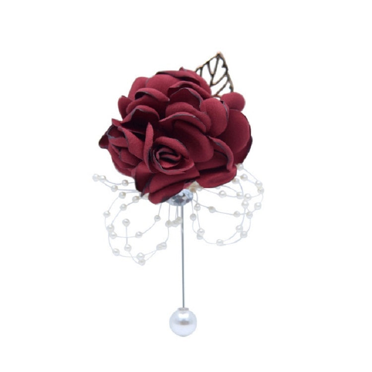 Burgundy fabric flower pearl brooch with dangling pearl bead fringe and round pearl drop