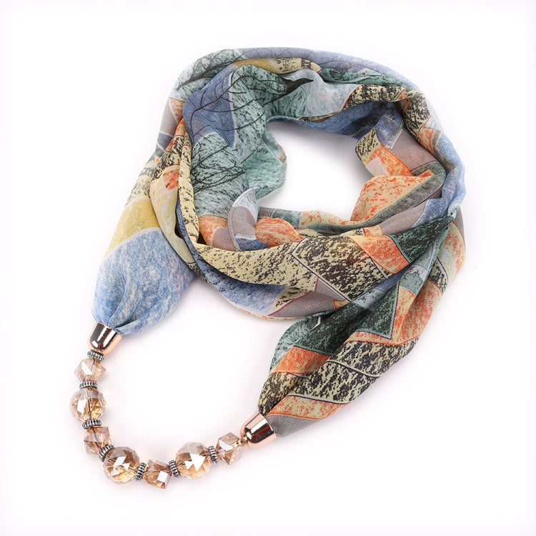 Chiffon scarf with floral geometric print and beaded necklace, multicolor