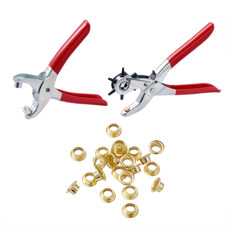 Eyelet punch pliers with red handles, chrome jaws, and brass grommets