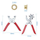 Red punch plier set showing size measurements and brass eyelet parts