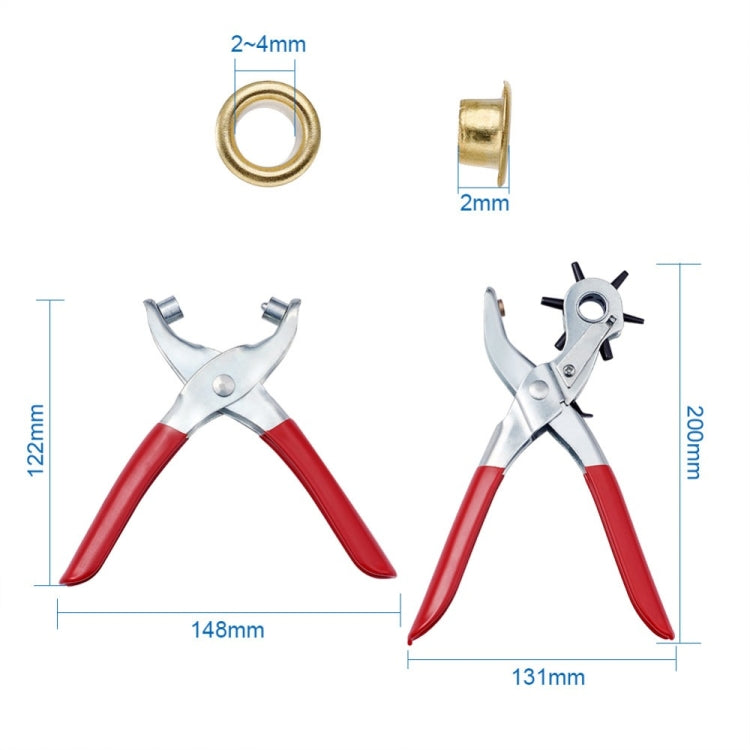 Red punch plier set showing size measurements and brass eyelet parts