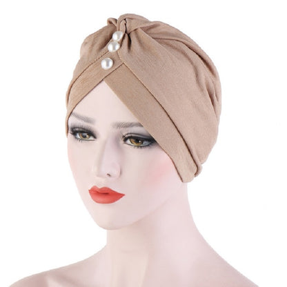Women’s khaki hooded turban cap with pearl forehead knot detail