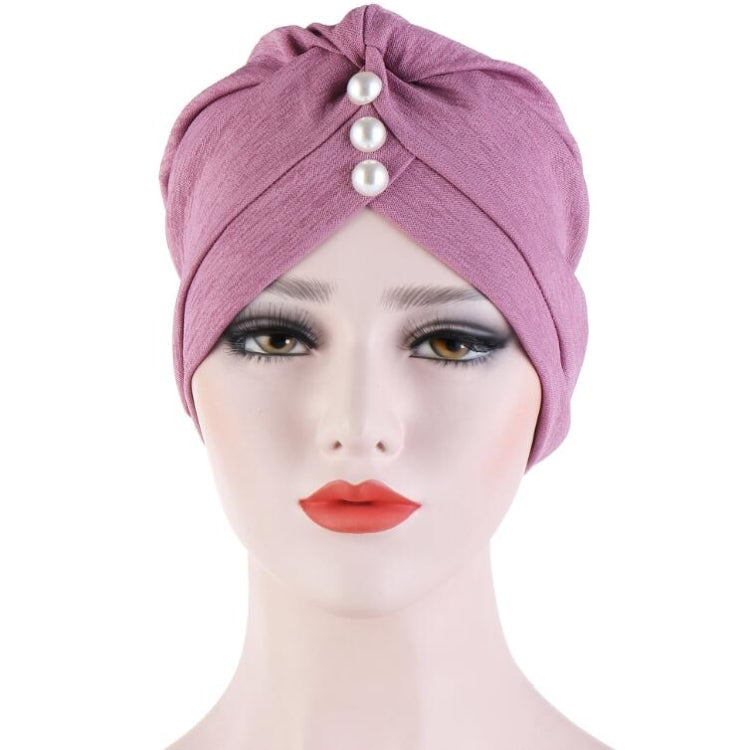 Women’s mauve hooded turban cap with triple pearl forehead embellishment
