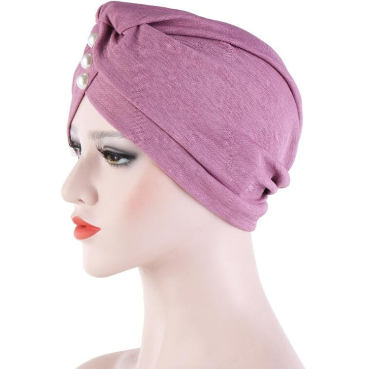 Women’s mauve hooded turban cap, side view with pearl forehead detail