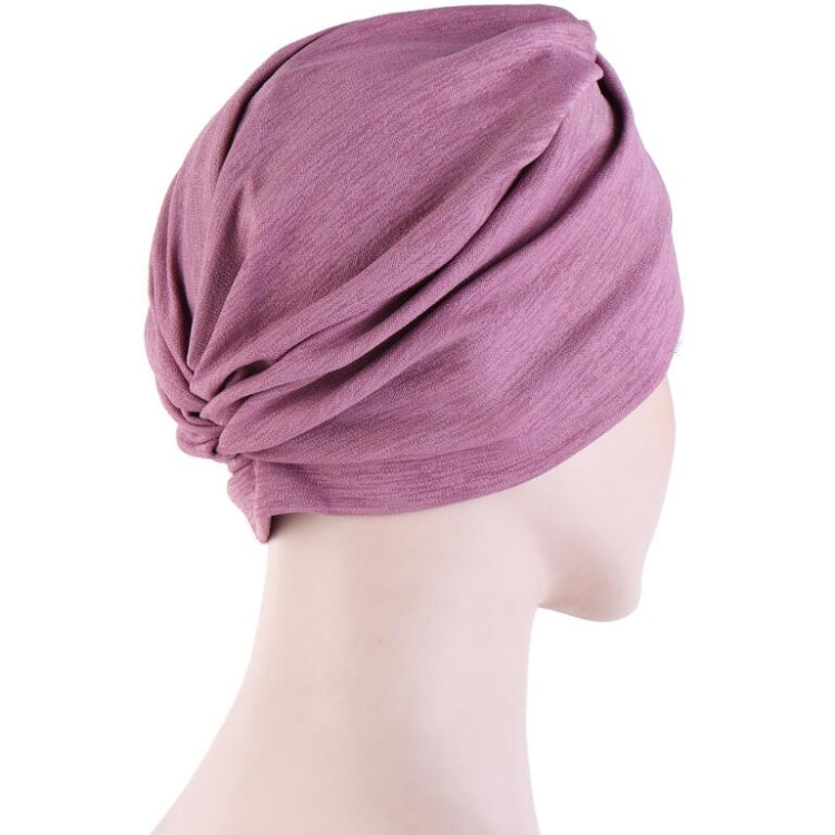 Women’s mauve hooded turban cap with gathered back and pearl forehead accents