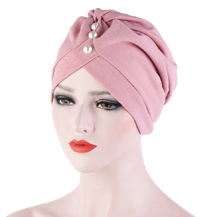 Women’s blush pink hooded turban cap with triple pearl forehead knot