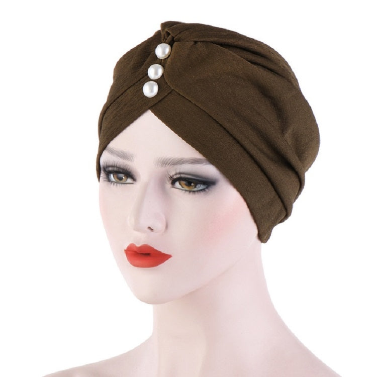 Women’s dark brown hooded turban cap with pearl forehead embellishments