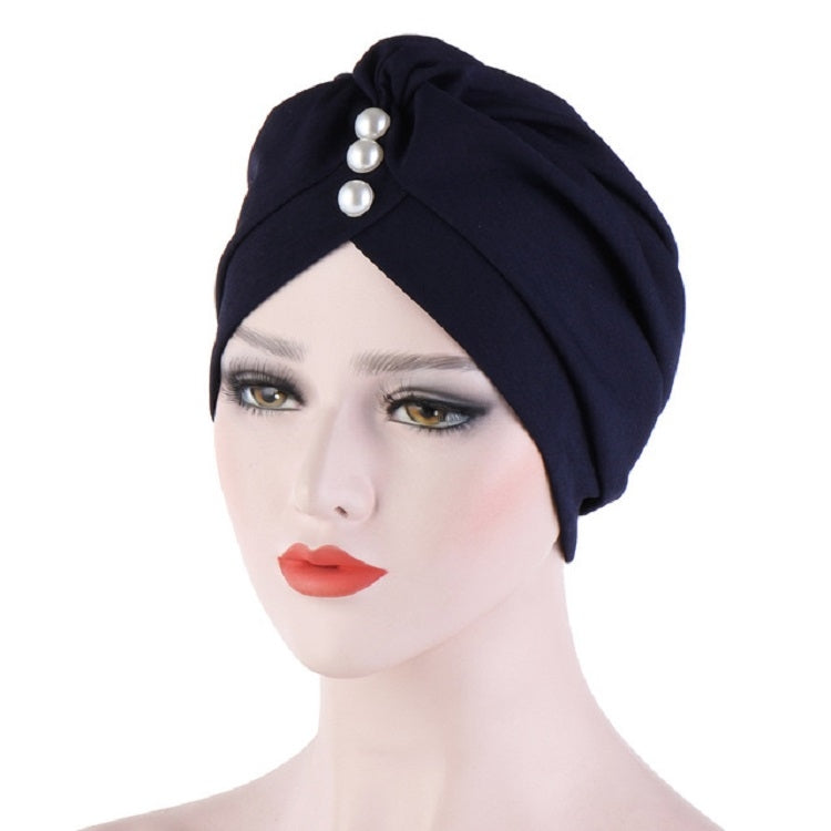 Women’s navy hooded turban cap with three pearl accents at front