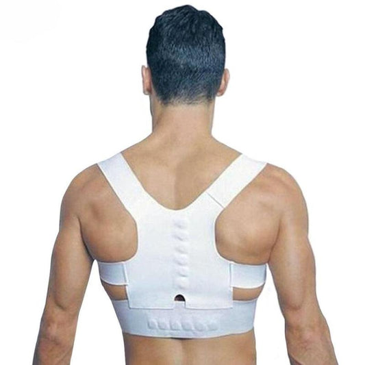 White posture corrector brace with elastic shoulder supports and center back support