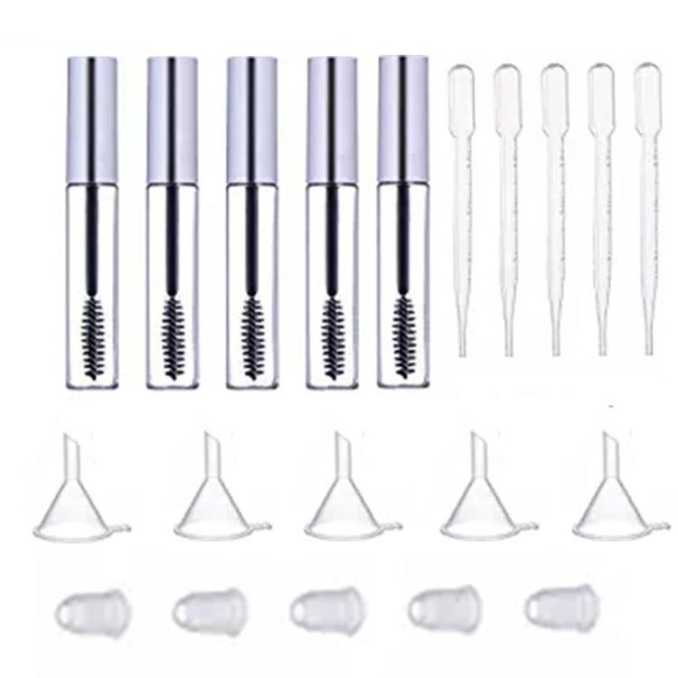 Mascara tube set with spool wand, clear funnels, and transfer pipettes in a group