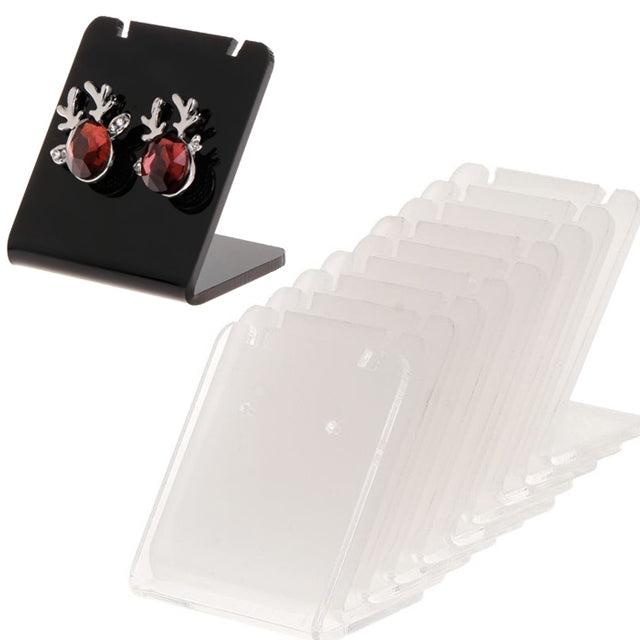 Black and transparent acrylic earring display stands, stacked with stud holder hooks