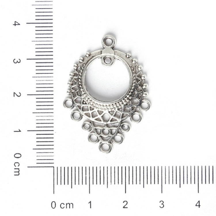 Antique silver round filigree charm pendant, measured view with top loop