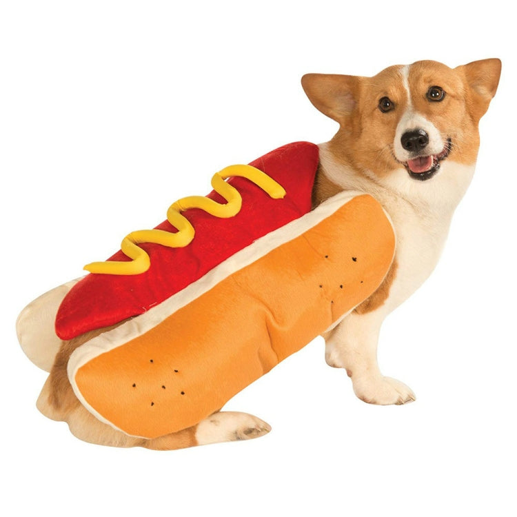 Hot dog style pet costume worn by a tan dog, red bun with yellow zigzag detail