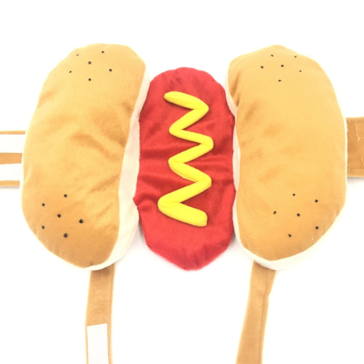 Hot dog pet costume flat view, beige bun sides with red center and yellow zigzag