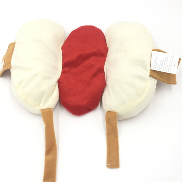 Hot dog style pet costume backside, off-white bun ends with red center and hanging legs