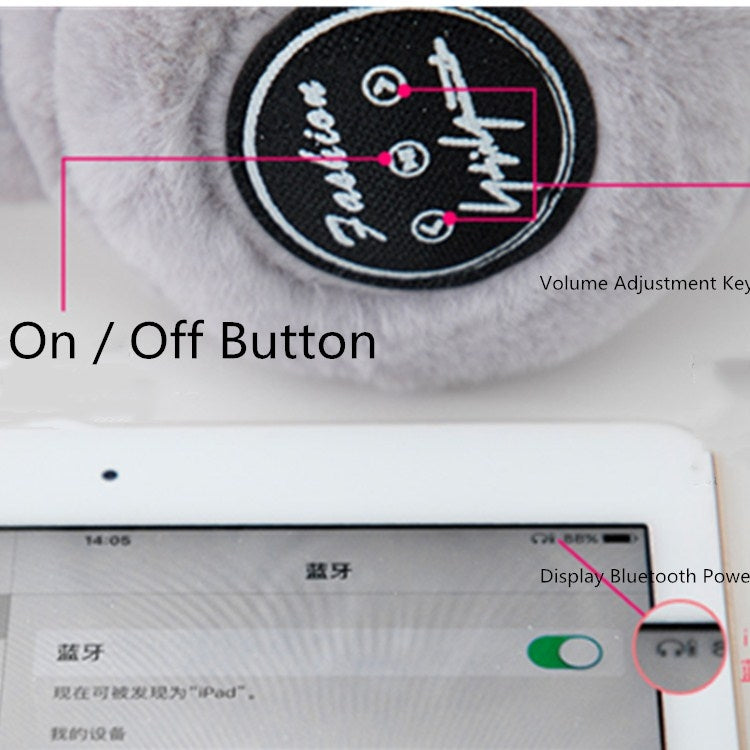 Light gray plush earmuff showing on/off button and volume control area