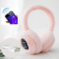 Pink plush over-ear Bluetooth earmuffs with black control label