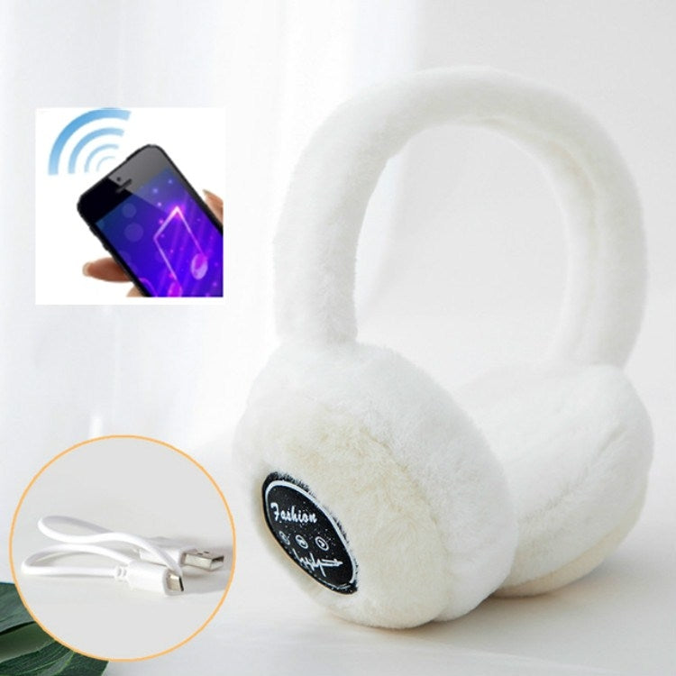 White plush over-ear Bluetooth earmuffs with black control logo