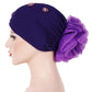 Beaded purple turban hat with side rosette flower and cluster stud accents