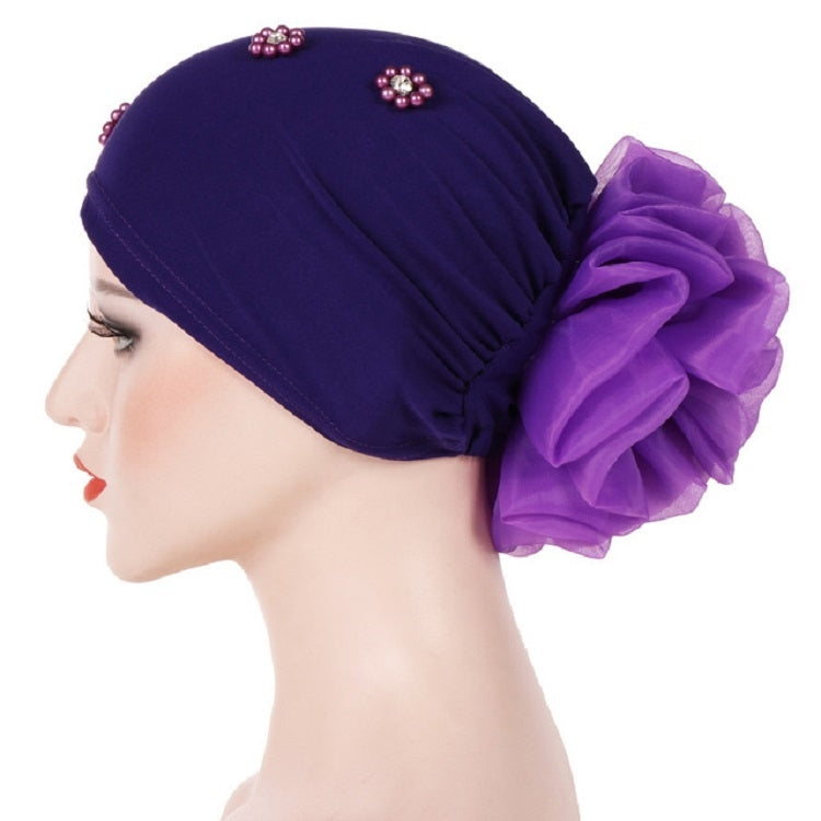Beaded purple turban hat with side rosette flower and cluster stud accents