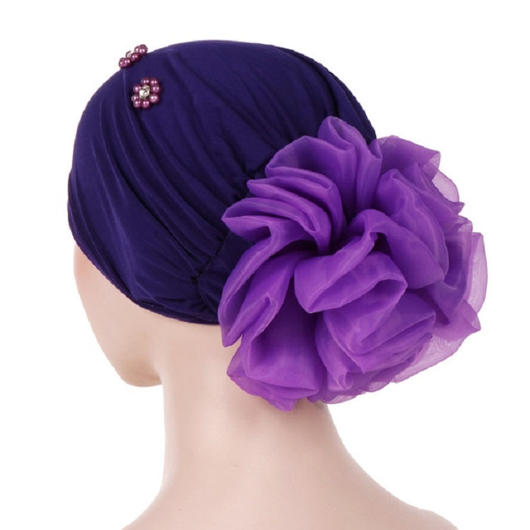 Beaded navy-purple turban hat with large side rosette flower detail