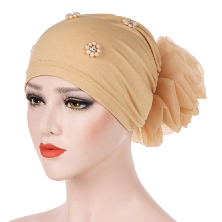 Beaded beige turban hat with side rosette flower and pearl-like center pin