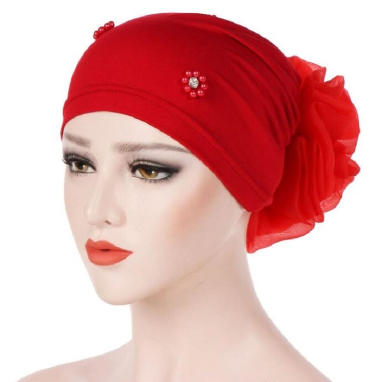 Beaded red turban hat with side rosette flower and small jeweled center