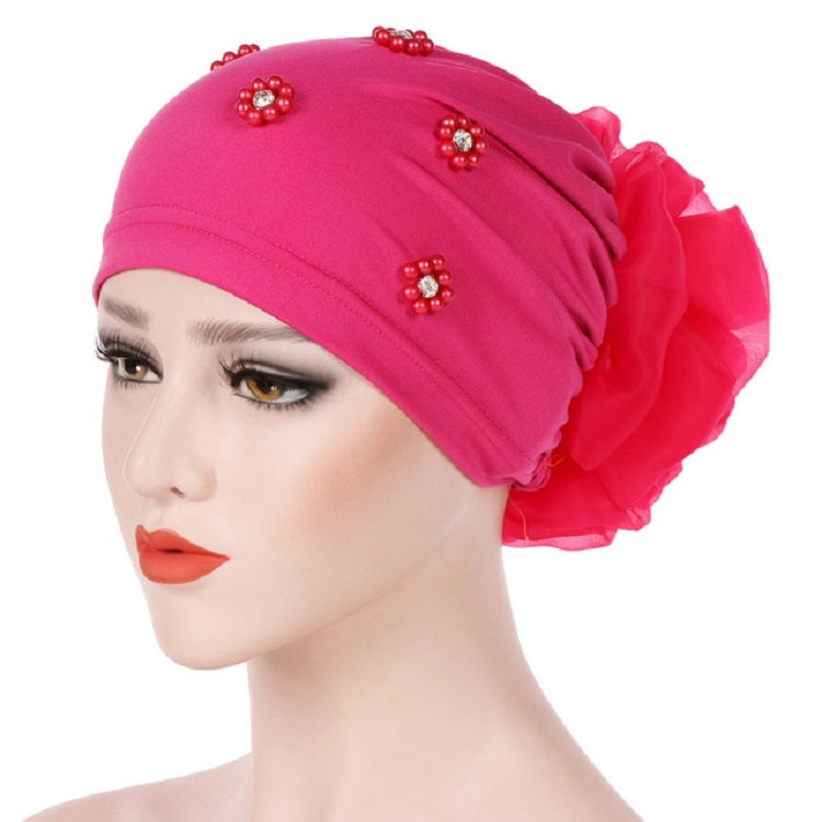 Women’s beaded flower turban hat in pink with ruched back flower detail