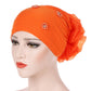Women’s beaded flower turban hat in orange with ruched side/back flower decoration