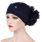Women’s beaded flower turban hat in dark navy with ruched back flower detail