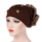 Women’s beaded flower turban hat in dark brown with ruched back flower decoration