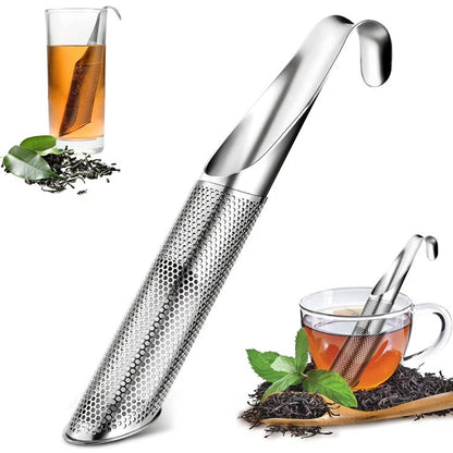Stainless steel pipe tea infuser with perforated filter tube and hanging handle