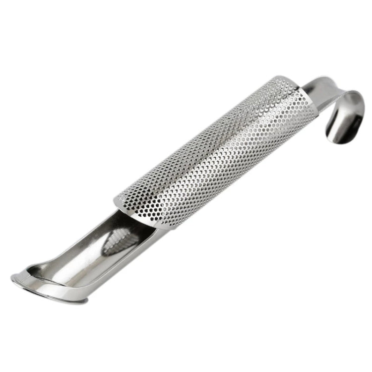 Pipe-shaped stainless steel tea strainer with perforated mesh tube and end loop