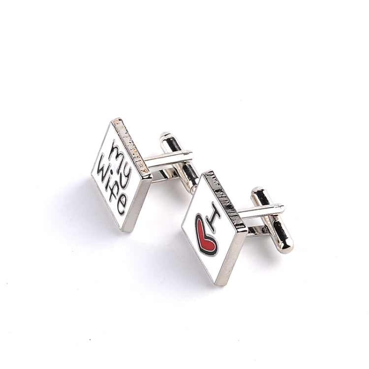 Men’s silver-tone cuff links with “My Wife” and a red heart emblem