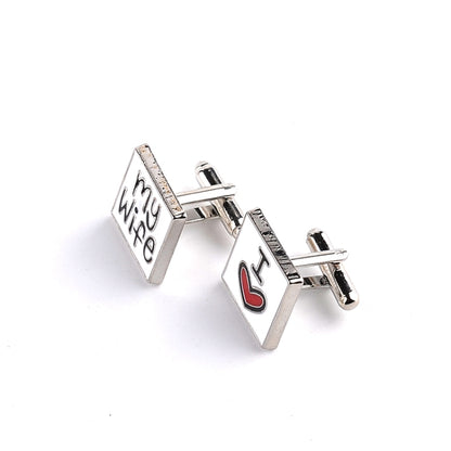 Men’s silver-tone cuff links with “My Wife” and a red heart emblem