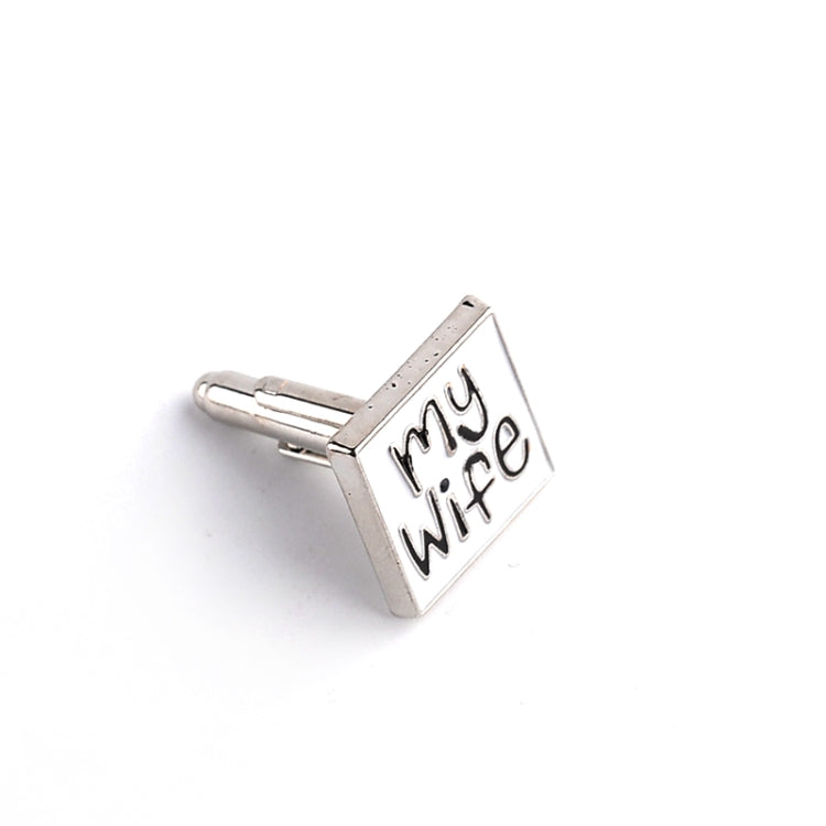 Silver-tone cuff link featuring “My Wife” lettering on a square charm