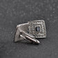 Silver-tone square cufflinks with rhinestone border, black center, on bar backing