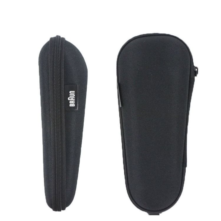 Black zippered electric shaver travel case with molded interior and Braun logo