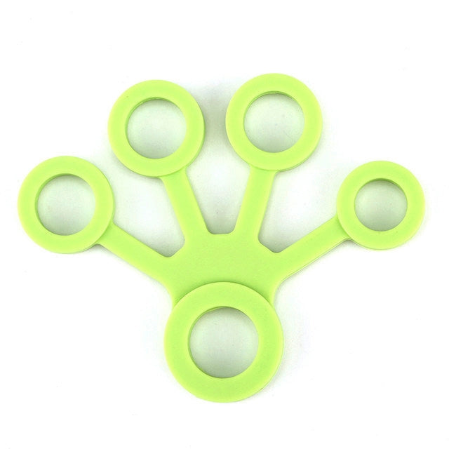 Light green silicone five-finger tensioner rings set of 3, flat lay with loops