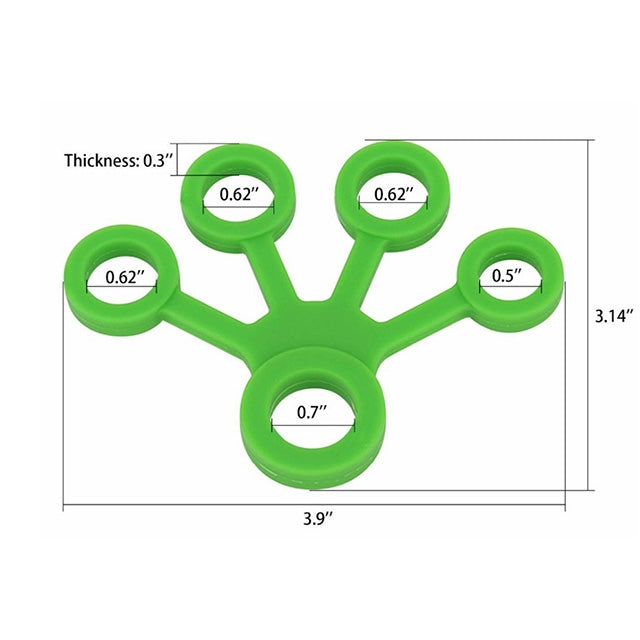 Green silicone five-finger tensioner rings with loop size measurement labels