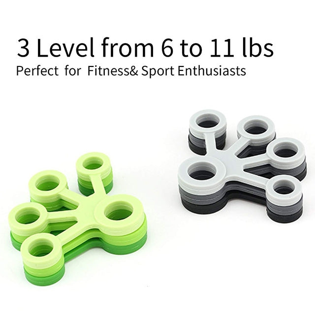 Silicone finger tensioner rings set showing light green and dark gray versions (3-pack)