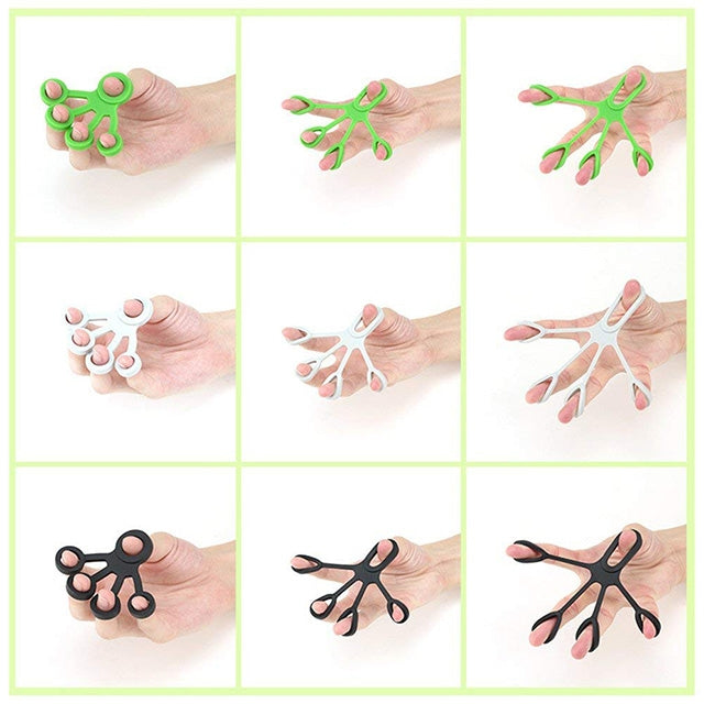 Silicone five-finger tensioner rings in multiple colors shown on hand