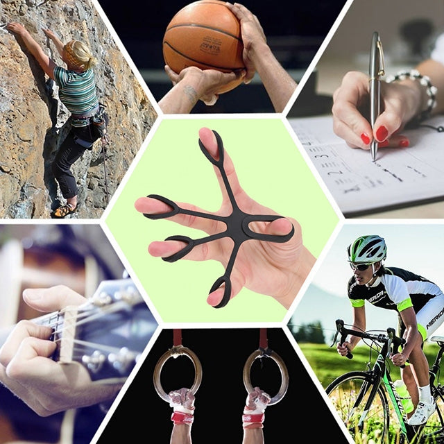 Black silicone five-finger tensioner ring shown in a multi-sport collage