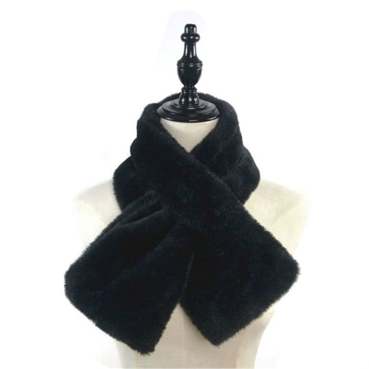 Black plush faux rabbit fur scarf, wide loop wrap with soft shag texture.